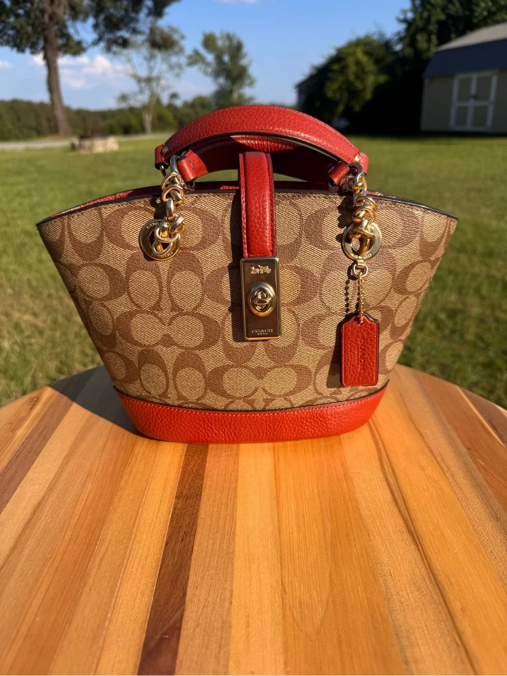 Coach Lane Bucket Tan Signature Canvas Satchel with Leather Trim